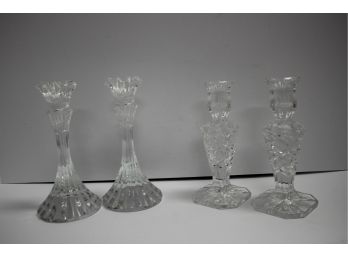 Two Pairs Of Clear Crystal Taper Candle Stick Holders, One Bohemia