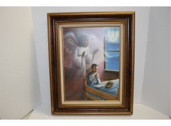 Framed Lithograph On Canvas, African American Boy Praying & Angel