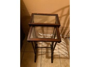 Vintage 2 Piece Small Rectangular Wood And Glass Nesting Table