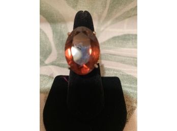 Gold Tone Large Pronged Amber Stone Cocktail Ring (Size 9)