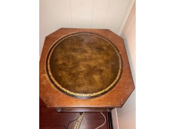 Vintage Leather Top Accent Table With Claw Feet And Lion Head Embellishment