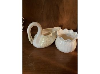 Vintage Irish Belleek Swan And Short Vase