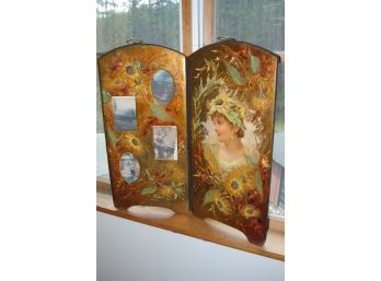 Two Panel Raised Flowers Hand Painted Antique Folding Frame 26' X 27'