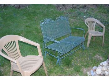 Wrought Iron Rocker & 2 Plastic Chairs 44 X 36 X 24