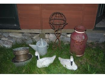 Milk Can 13 X 24, Two Swans, Water Can, Planting Pots And An Iron Garden Sphere