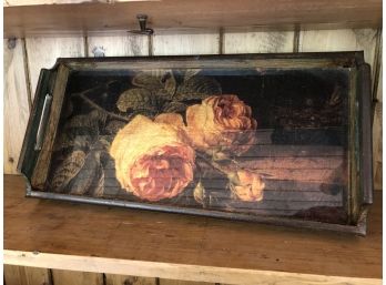 Tray Glass And Wood Floral 16x2.25x8