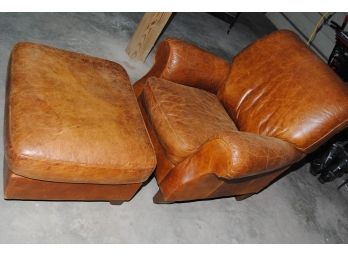 Italian Tan Leather Chair 38x35x39 And Ottoman 31x26x15