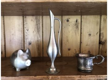 Silver Plate Cup, Pewter Bud Vase And Stainless Pig Bank