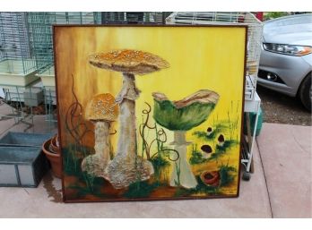 Large 1972 Oil On Canvas Painting Of Mushrooms