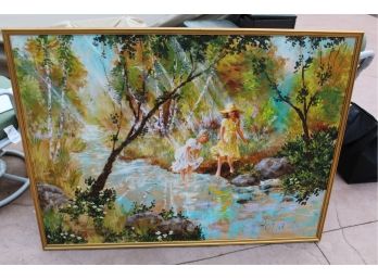 Large Oil On Canvas Painting Of Girls Framed