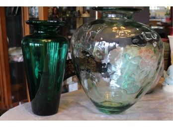 2 Green Glass Vases