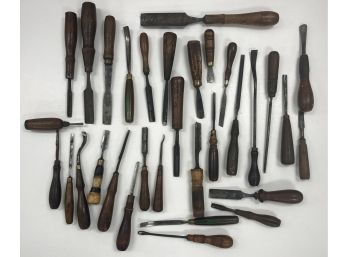 Group (N) Of 32 Antique / Vintage Wood Chisels