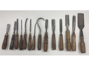 Group (B) Of 14 Antique / Vintage Wood Chisels With Brass