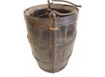 Antique Wood Barrel With Iron Handle