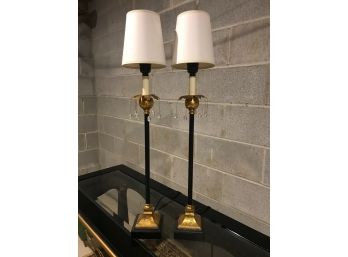 Pair Lacquer And Brass Lamps