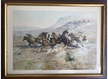 Two Antique CM Russell Cowboy Prints Professionally Matted, Wired, & Framed- Wild West/ Western Cowboy Prints