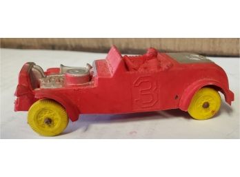 Antique Auburn, Made In USA, Red Rubber Hot Rod #3 With Driver, Exposed Motor & Yellow Tires.