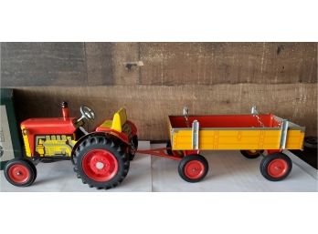 New In Orig Box Schylling Tractor & Trailer Tin Toy- Wind-up. 3 Forward & Reverse Gears,handbrake, Steers