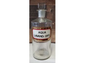 Antique Apothecary Bottle-Clear Glass With Square Block Stopper Labeled Aqua Lavand: OPT: