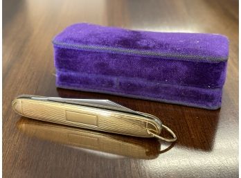 Beautiful Gold Tone Vintage Pocket Knife With Original Velvet Gift Box