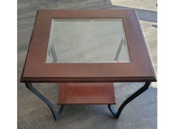 Vintage Wood With Glass Top Insert Lamp/ Side Table- On Black Metal Leg Supports. Beveled, Removable Glass