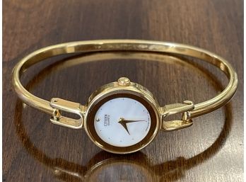 Beautiful Ladies Gold Tone Mother Of Pearl Citizen Quartz Bangle Watch