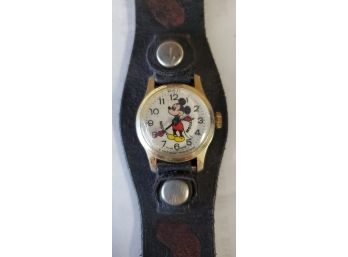 Vintage Swiss Made Mickey Mouse Character Manual Wind Wrist Watch  Walt Disney Productions Leather Band