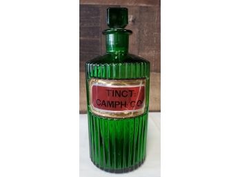 Antique Apothecary Bottle- Beautiful & Rare Green Ribbed Glass Bottle Block Stopper -tincture Camphore -CO