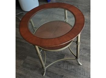 Vintage Wood With Glass Top Insert Side Table- On Antique Bronze Toned Leg Supports. Beveled, Removable Glass