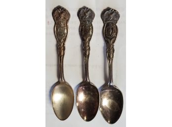 Trio Of Antique State Souvenir Teaspoons - New York, New Jersey & Massachusetts Each Is 6' Long