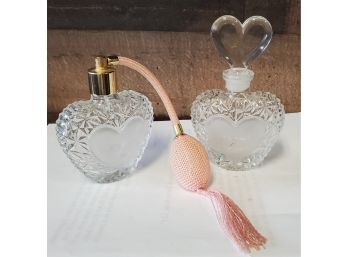 Vintage Pair Clear Cut Glass Heart Perfume Bottles One Pink & Brass Atomizer- Forever Love On Frosted Hearts