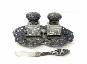 Antique Ornate Silver Plated Double Inkwell With Sterling Silver And Mother Of Pearl Paper Knife