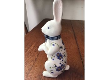 Vintage White Ceramic Bunny With Blue Painted Flowers, Possibly Elpa Alcobaca, Portugal