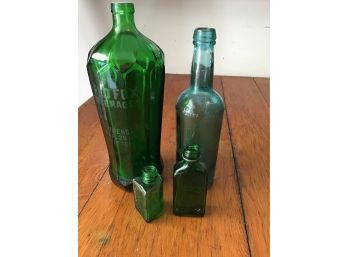 Green Colored Glass Bottles, 4 Pc Lot