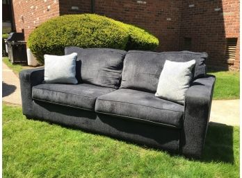 Modern Track Arm Blue Chenille Sofa With Pair Of Decorative Pillows