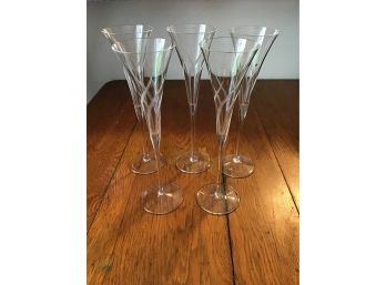 Set Of Five Etched Frosted Ribbon Swirl Crystal Champagne Flutes