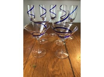 Blue Ribbon Swirl Stemware And Pitcher, Mixed Lot Of 10pcs