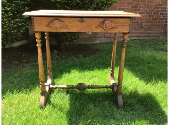 Antique Oak Table With Single Drawer And Decorative Wooden Rosette Knobs