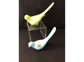 Fenton Satin Glass Doves, Birds Of Happiness, Blue And Lime Green