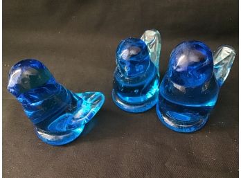 Trio Of Miniature Blue Glass Birdies, Signed Ron Ray