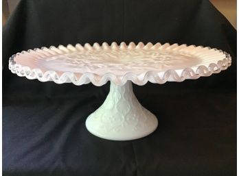 Fenton Silver Crest Spanish Lace Milk Glass Cake Stand With Ruffled Edge