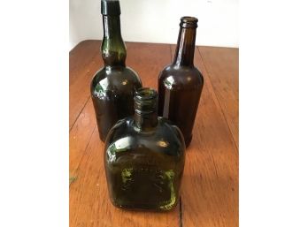 Dark Green And Brown Glass Bottles, 3 Pc Lot