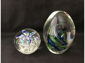 Glass Paperweights - Round Multi Colored Lily And Oval With Blue And Green Swirls