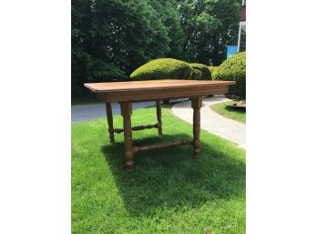 Antique Oak Dining Table  With Spindle Legs And Unusual Stretchers, 42 Square - With 10 Leaf, Open To 52