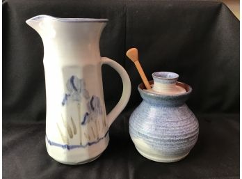 Signed And Numbered Pitcher And Pottery Honey Pot, Signed Knightly