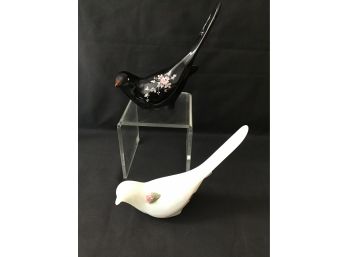 Fenton Doves, Birds Of Happiness, Black Glass  Handprinted By M Reynolds  And Opalescent White