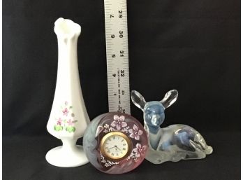 Beautiful Collector's Lot! All Signed By Artist, Fenton Resting Fawn, Rose Clock, Small  Milk Glass Vase