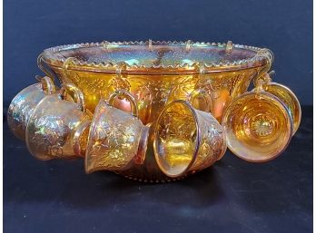 Beautiful Vintage Indiana Glass ? Marigold Iridescent Lusterware Embossed Punch Bowl Set With Cups & Hooks