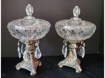 Pair Of Vintage Brass & Crystal Pedestal Candy Dishes With Crystal Prisms