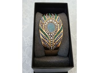 New HSN Victoria Weick Peacock Feather & Rhinestone Gold Tone Cuff Bracelet / Watch